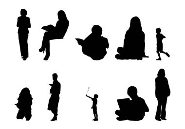 Vektör siluetleri, insanların ana hatları, Contour çizimleri, insanların siluetleri, ikon kümesi izole edilmiş, oturan insanların silueti, mimari set