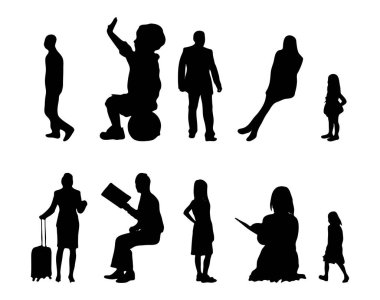 Vektör siluetleri, insanların ana hatları, Contour çizimleri, insanların siluetleri, ikon kümesi izole edilmiş, oturan insanların silueti, mimari set