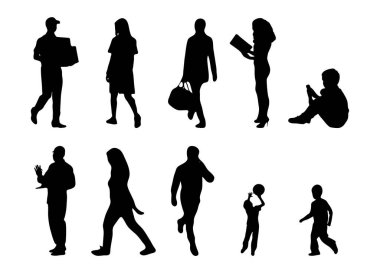 Vektör siluetleri, insanların ana hatları, Contour çizimleri, insanların siluetleri, ikon kümesi izole edilmiş, oturan insanların silueti, mimari set