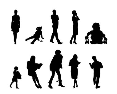 Vektör siluetleri, insanların ana hatları, Contour çizimleri, insanların siluetleri, ikon kümesi izole edilmiş, oturan insanların silueti, mimari set