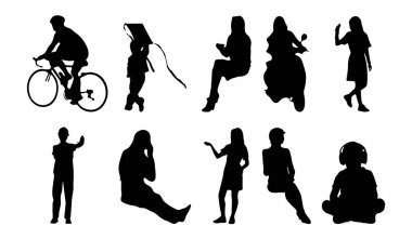 Vektör siluetleri, insanların ana hatları, Contour çizimleri, insanların siluetleri, ikon kümesi izole edilmiş, oturan insanların silueti, mimari set