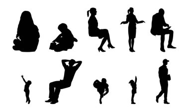Vektör siluetleri, insanların ana hatları, Contour çizimleri, insanların siluetleri, ikon kümesi izole edilmiş, oturan insanların silueti, mimari set