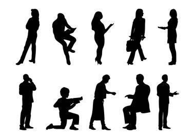 Vektör siluetleri, insanların ana hatları, Contour çizimleri, insanların siluetleri, ikon kümesi izole edilmiş, oturan insanların silueti, mimari set