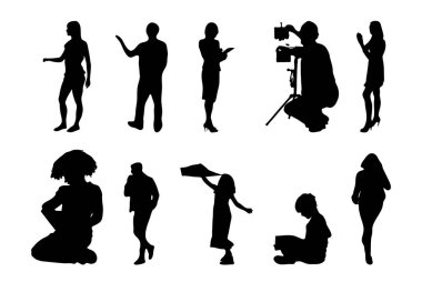 Vektör siluetleri, insanların ana hatları, Contour çizimleri, insanların siluetleri, ikon kümesi izole edilmiş, oturan insanların silueti, mimari set