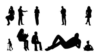 Vektör siluetleri, insanların ana hatları, Contour çizimleri, insanların siluetleri, ikon kümesi izole edilmiş, oturan insanların silueti, mimari set