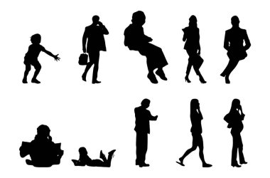 Vektör siluetleri, insanların ana hatları, Contour çizimleri, insanların siluetleri, ikon kümesi izole edilmiş, oturan insanların silueti, mimari set