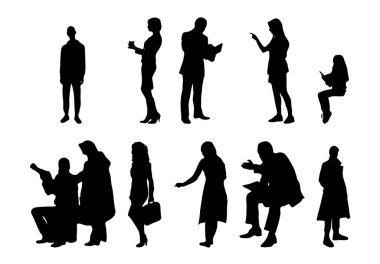 Vektör siluetleri, insanların ana hatları, Contour çizimleri, insanların siluetleri, ikon kümesi izole edilmiş, oturan insanların silueti, mimari set