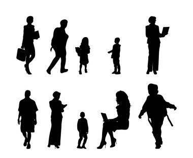 Vektör siluetleri, insanların ana hatları, Contour çizimleri, insanların siluetleri, ikon kümesi izole edilmiş, oturan insanların silueti, mimari set