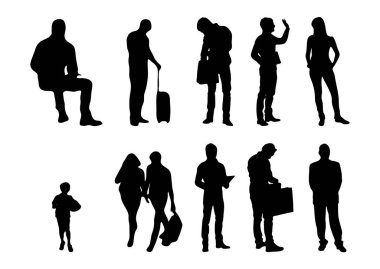 Vektör siluetleri, insanların ana hatları, Contour çizimleri, insanların siluetleri, ikon kümesi izole edilmiş, oturan insanların silueti, mimari set