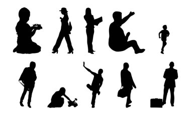 Vektör siluetleri, insanların ana hatları, Contour çizimleri, insanların siluetleri, ikon kümesi izole edilmiş, oturan insanların silueti, mimari set