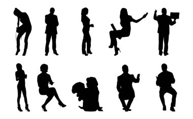 Vektör siluetleri, insanların ana hatları, Contour çizimleri, insanların siluetleri, ikon kümesi izole edilmiş, oturan insanların silueti, mimari set