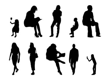 Vektör siluetleri, insanların ana hatları, Contour çizimleri, insanların siluetleri, ikon kümesi izole edilmiş, oturan insanların silueti, mimari set