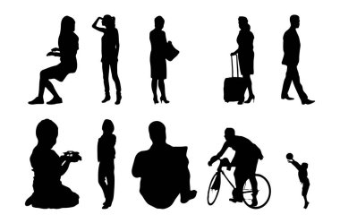 Vektör siluetleri, insanların ana hatları, Contour çizimleri, insanların siluetleri, ikon kümesi izole edilmiş, oturan insanların silueti, mimari set
