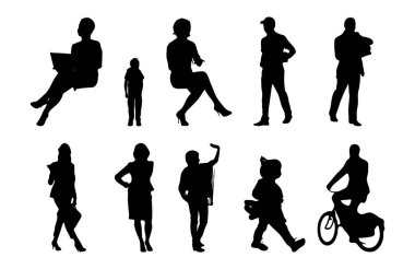 Vektör siluetleri, insanların ana hatları, Contour çizimleri, insanların siluetleri, ikon kümesi izole edilmiş, oturan insanların silueti, mimari set