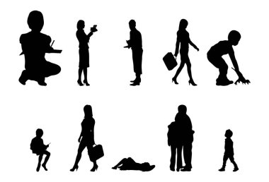 Vektör siluetleri, insanların ana hatları, Contour çizimleri, insanların siluetleri, ikon kümesi izole edilmiş, oturan insanların silueti, mimari set