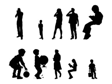 Vektör siluetleri, insanların ana hatları, Contour çizimleri, insanların siluetleri, ikon kümesi izole edilmiş, oturan insanların silueti, mimari set