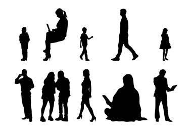 Vektör siluetleri, insanların ana hatları, Contour çizimleri, insanların siluetleri, ikon kümesi izole edilmiş, oturan insanların silueti, mimari set