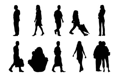 Vektör siluetleri, insanların ana hatları, Contour çizimleri, insanların siluetleri, ikon kümesi izole edilmiş, oturan insanların silueti, mimari set