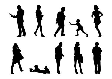 Vektör siluetleri, insanların ana hatları, Contour çizimleri, insanların siluetleri, ikon kümesi izole edilmiş, oturan insanların silueti, mimari set