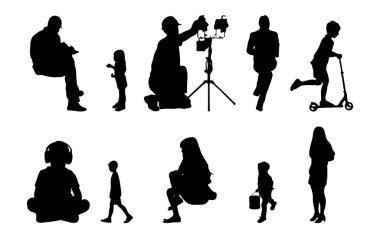 Vektör siluetleri, insanların ana hatları, Contour çizimleri, insanların siluetleri, ikon kümesi izole edilmiş, oturan insanların silueti, mimari set