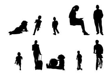 Vektör siluetleri, insanların ana hatları, Contour çizimleri, insanların siluetleri, ikon kümesi izole edilmiş, oturan insanların silueti, mimari set