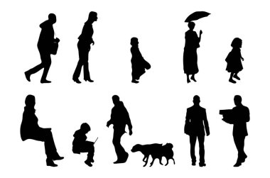 Vektör siluetleri, insanların ana hatları, Contour çizimleri, insanların siluetleri, ikon kümesi izole edilmiş, oturan insanların silueti, mimari set