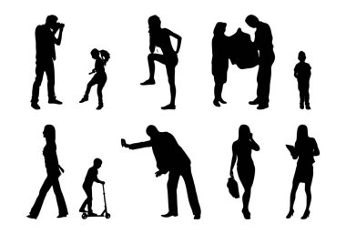 Vektör siluetleri, insanların ana hatları, Contour çizimleri, insanların siluetleri, ikon kümesi izole edilmiş, oturan insanların silueti, mimari set
