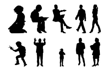 Vektör siluetleri, insanların ana hatları, Contour çizimleri, insanların siluetleri, ikon kümesi izole edilmiş, oturan insanların silueti, mimari set