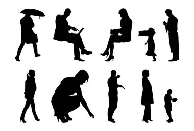 Vektör siluetleri, insanların ana hatları, Contour çizimleri, insanların siluetleri, ikon kümesi izole edilmiş, oturan insanların silueti, mimari set