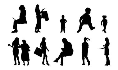 Vektör siluetleri, insanların ana hatları, Contour çizimleri, insanların siluetleri, ikon kümesi izole edilmiş, oturan insanların silueti, mimari set