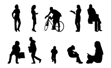 Vektör siluetleri, insanların ana hatları, Contour çizimleri, insanların siluetleri, ikon kümesi izole edilmiş, oturan insanların silueti, mimari set