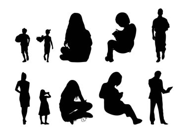 Vektör siluetleri, insanların ana hatları, Contour çizimleri, insanların siluetleri, ikon kümesi izole edilmiş, oturan insanların silueti, mimari set
