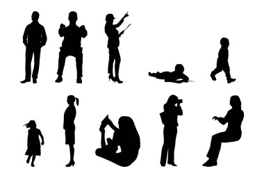 Vektör siluetleri, insanların ana hatları, Contour çizimleri, insanların siluetleri, ikon kümesi izole edilmiş, oturan insanların silueti, mimari set
