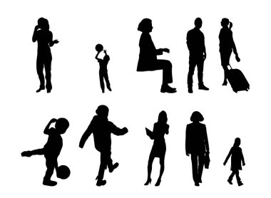 Vektör siluetleri, insanların ana hatları, Contour çizimleri, insanların siluetleri, ikon kümesi izole edilmiş, oturan insanların silueti, mimari set