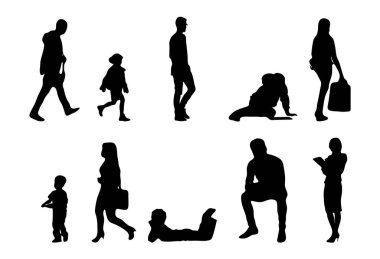 Vektör siluetleri, insanların ana hatları, Contour çizimleri, insanların siluetleri, ikon kümesi izole edilmiş, oturan insanların silueti, mimari set