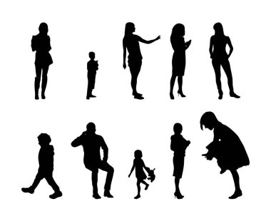 Vektör siluetleri, insanların ana hatları, Contour çizimleri, insanların siluetleri, ikon kümesi izole edilmiş, oturan insanların silueti, mimari set