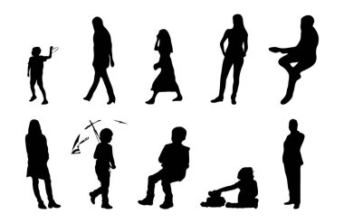 Vektör siluetleri, insanların ana hatları, Contour çizimleri, insanların siluetleri, ikon kümesi izole edilmiş, oturan insanların silueti, mimari set