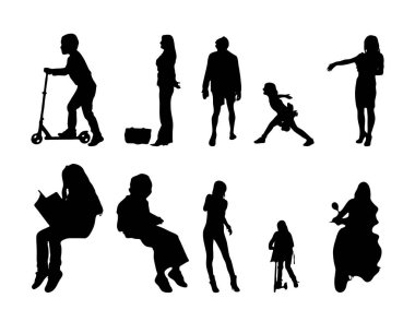 Vektör siluetleri, insanların ana hatları, Contour çizimleri, insanların siluetleri, ikon kümesi izole edilmiş, oturan insanların silueti, mimari set