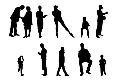Vektör siluetleri, insanların ana hatları, Contour çizimleri, insanların siluetleri, ikon kümesi izole edilmiş, oturan insanların silueti, mimari set