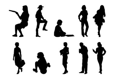 Vektör siluetleri, insanların ana hatları, Contour çizimleri, insanların siluetleri, ikon kümesi izole edilmiş, oturan insanların silueti, mimari set