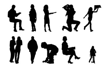 Vektör siluetleri, insanların ana hatları, Contour çizimleri, insanların siluetleri, ikon kümesi izole edilmiş, oturan insanların silueti, mimari set