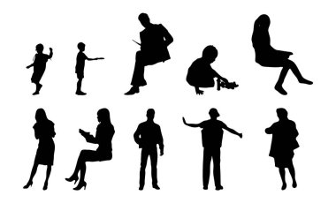 Vektör siluetleri, insanların ana hatları, Contour çizimleri, insanların siluetleri, ikon kümesi izole edilmiş, oturan insanların silueti, mimari set