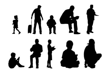 Vektör siluetleri, insanların ana hatları, Contour çizimleri, insanların siluetleri, ikon kümesi izole edilmiş, oturan insanların silueti, mimari set