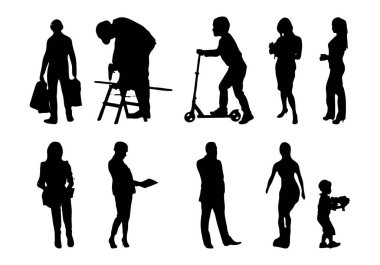 Vektör siluetleri, insanların ana hatları, Contour çizimleri, insanların siluetleri, ikon kümesi izole edilmiş, oturan insanların silueti, mimari set