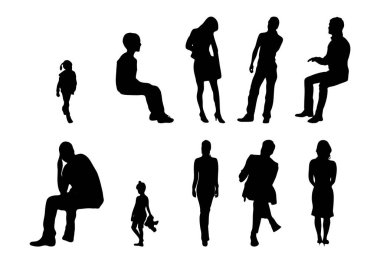 Vektör siluetleri, insanların ana hatları, Contour çizimleri, insanların siluetleri, ikon kümesi izole edilmiş, oturan insanların silueti, mimari set