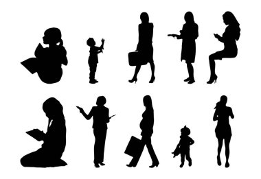 Vektör siluetleri, insanların ana hatları, Contour çizimleri, insanların siluetleri, ikon kümesi izole edilmiş, oturan insanların silueti, mimari set