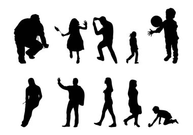 Vektör siluetleri, insanların ana hatları, Contour çizimleri, insanların siluetleri, ikon kümesi izole edilmiş, oturan insanların silueti, mimari set
