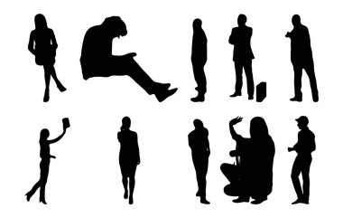 Vektör siluetleri, insanların ana hatları, Contour çizimleri, insanların siluetleri, ikon kümesi izole edilmiş, oturan insanların silueti, mimari set