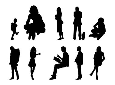 Vektör siluetleri, insanların ana hatları, Contour çizimleri, insanların siluetleri, ikon kümesi izole edilmiş, oturan insanların silueti, mimari set