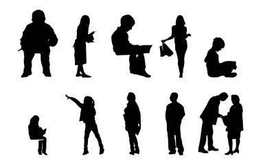 Vektör siluetleri, insanların ana hatları, Contour çizimleri, insanların siluetleri, ikon kümesi izole edilmiş, oturan insanların silueti, mimari set